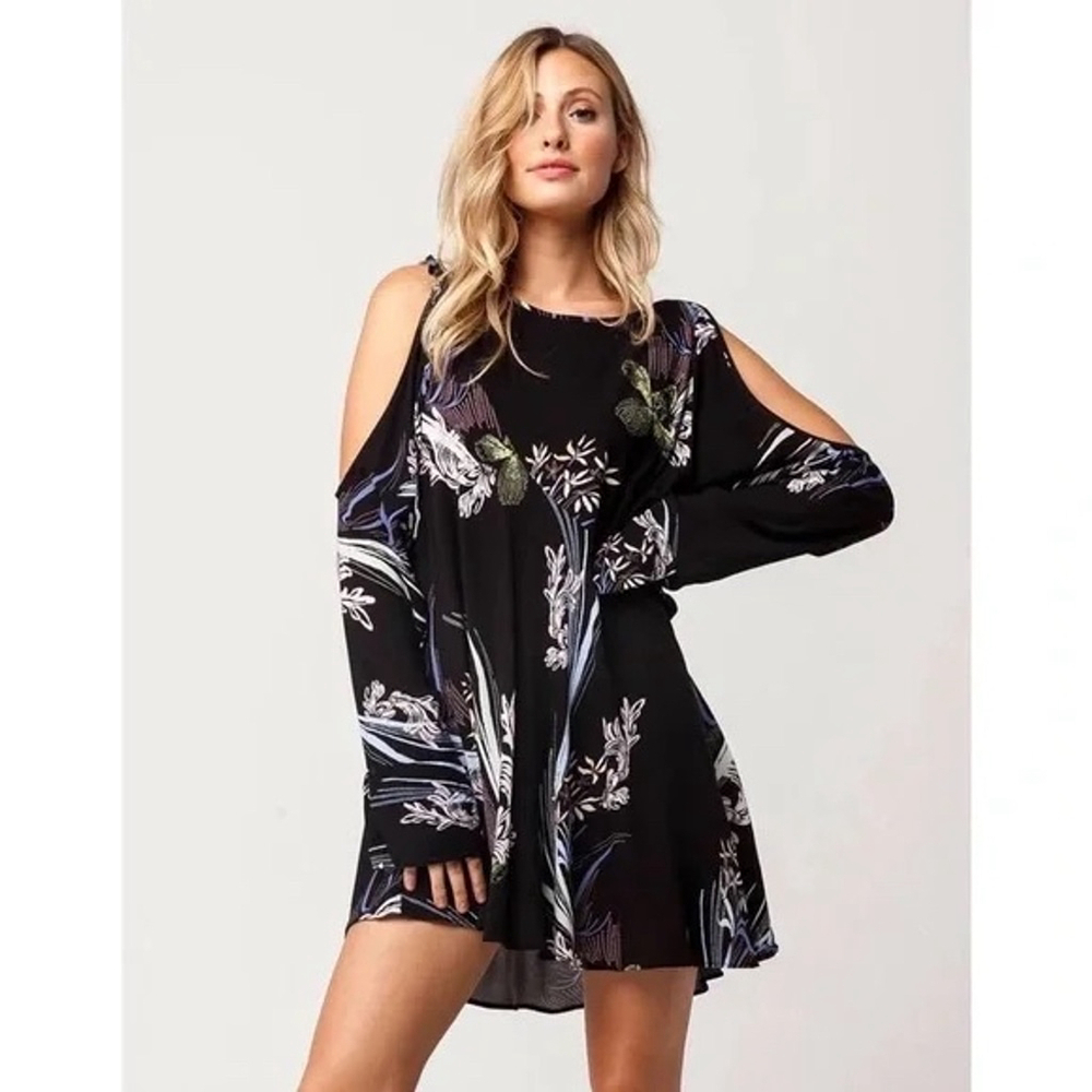 Women's Free People Clear Skies Black Floral Dress Size M Cold Shoulder